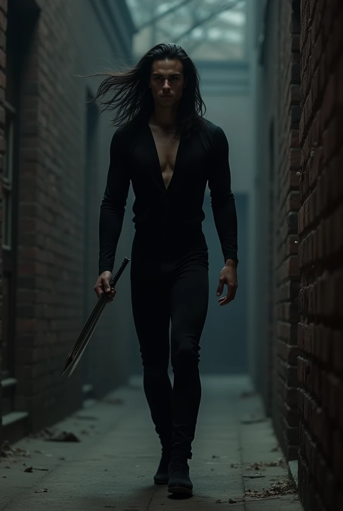 Create an image of a thin, male character with fair skin, long black wavy hair to his waist walking towards the camera in a dark setting wearing tight black clothes, wit? small blades of throwing between the fingers of hair tied