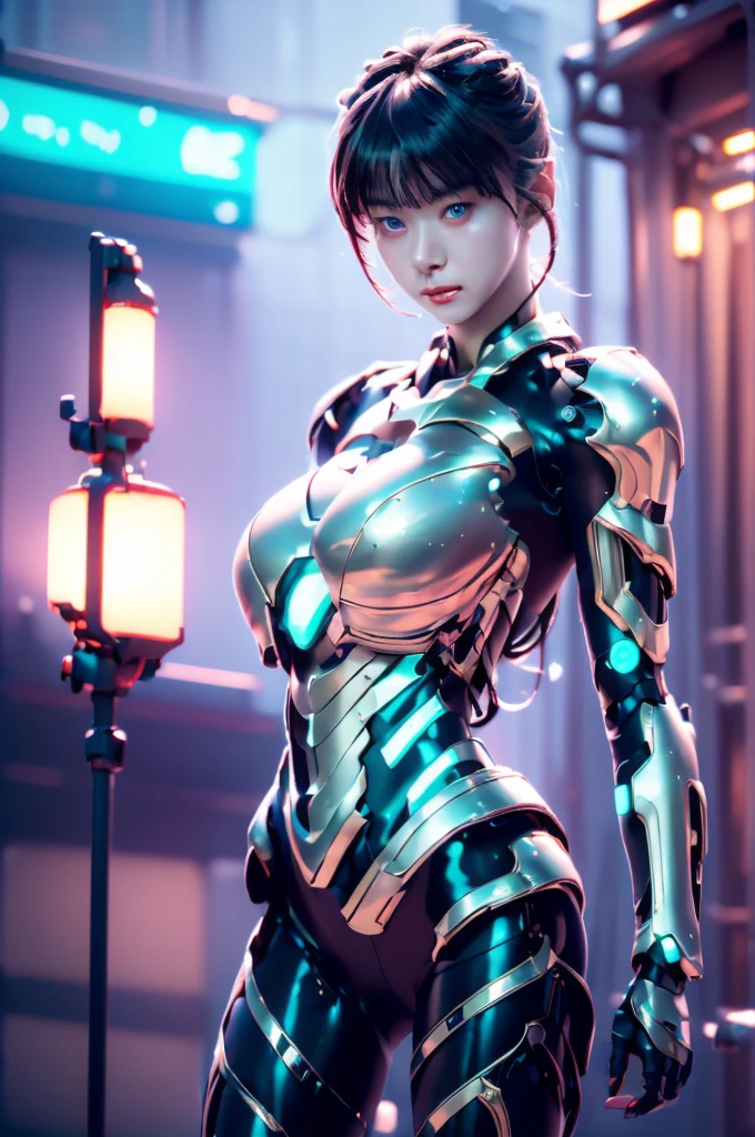 Highest quality, masterpiece, figure, (Realistic, photo-Realistic:1.37), wonderful, In detail, Incredibly absurd, Large file size, Very detailed, High resolution, Very detailed CG Unity 8k wallpaper, Very detailed目と顔, Ray Tracing, Browsing Caution, NUDE, One girl, Korean cyborg girl is innocent and young々Has a sly expression. She poses boldly with her arms raised above her head, Revealing her voluptuous figure. She is wearing a small black mecha armor top that barely covers her breasts., Exposing most of her flawless skin. Her shoulders and head have more armor detailing.、There are shining highlights, Tech Panels and Mechanisms. She is standing against a futuristic cityscape lit up with vibrant neon lights.、Standing full of energy。.