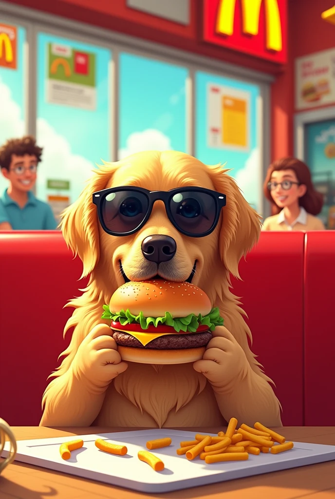 A dog eating at McDonald's wearing sunglasses