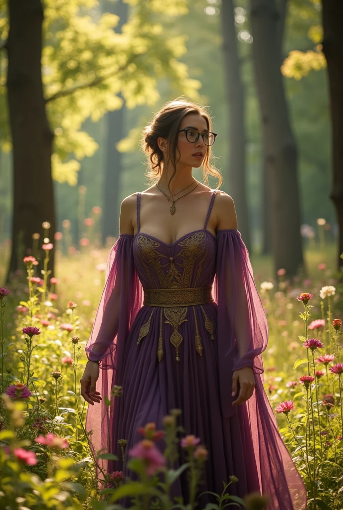 (highly detailed) Freyja the Nordic Goddess of beauty ,love, war and death looking nicely at a tall short-haired brunette white woman in her thirties that wears big round glasses and a purple medieval dress while walking in the forest 