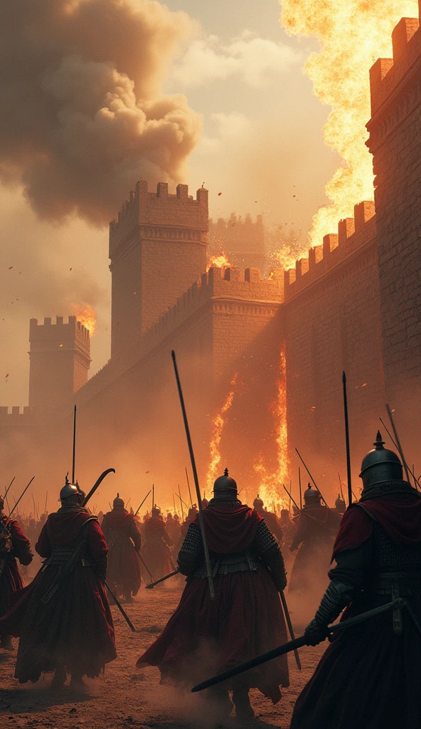 **Taktik perang Mongol menghancurkan benteng-benteng**
    - **Prompt:** A highly detailed, UHD depiction of Mongol forces storming a fortified city. The image captures the chaos of battle with walls crumbling, siege weapons in action, and soldiers scaling the defenses. Smoke and flames fill the air, creating a dramatic, intense atmosphere.