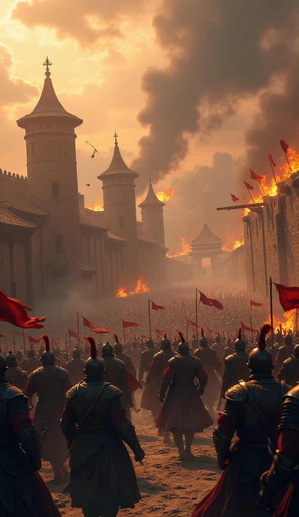 **Taktik perang Mongol menghancurkan benteng-benteng**
    - **Prompt:** A highly detailed, UHD depiction of Mongol forces storming a fortified city. The image captures the chaos of battle with walls crumbling, siege weapons in action, and soldiers scaling the defenses. Smoke and flames fill the air, creating a dramatic, intense atmosphere.