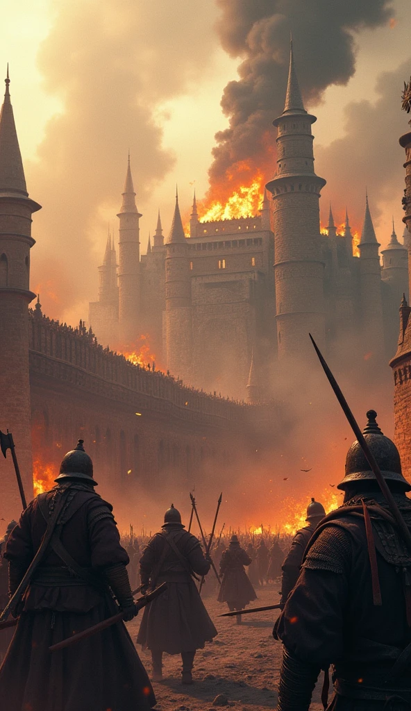 On the battlefields of the Middle Ages, hundreds of soldiers and hundreds of demons attacked each other with swords and shields in ruined cities, surrounded by the corpses of their companions and the burning flames and ruins of the city --auto --s2