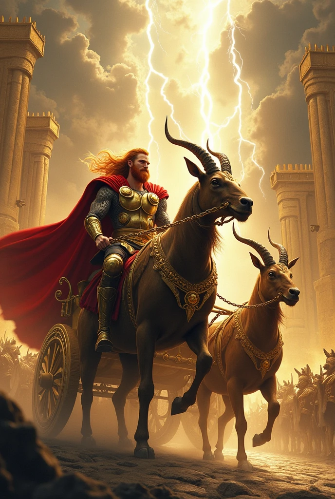 The Norse god Thor in his chariot in Valhalla