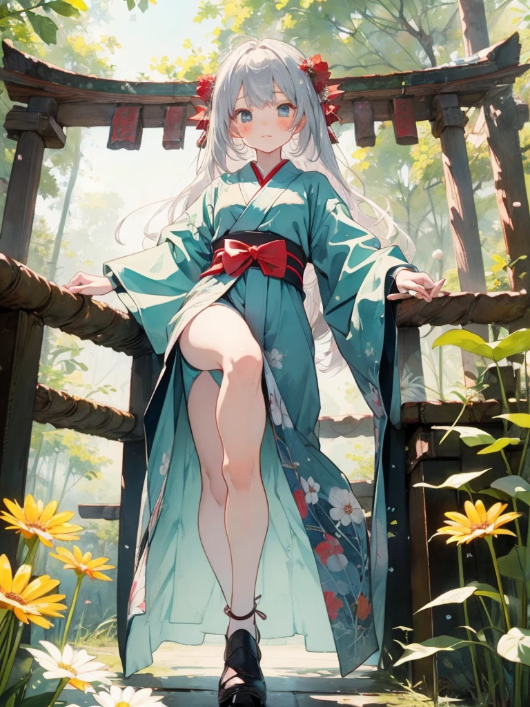High definition、anime、A pure girl dressed in a shrine maiden's outfit、Flowers sprout from beneath your feet、18age、Halfred with long silver hair、Full body portrait、hide thighs、Wearing clogs、A long-sleeved miko outfit、Large eyes like opals、Powerful eyes、Dance dedicated to the gods