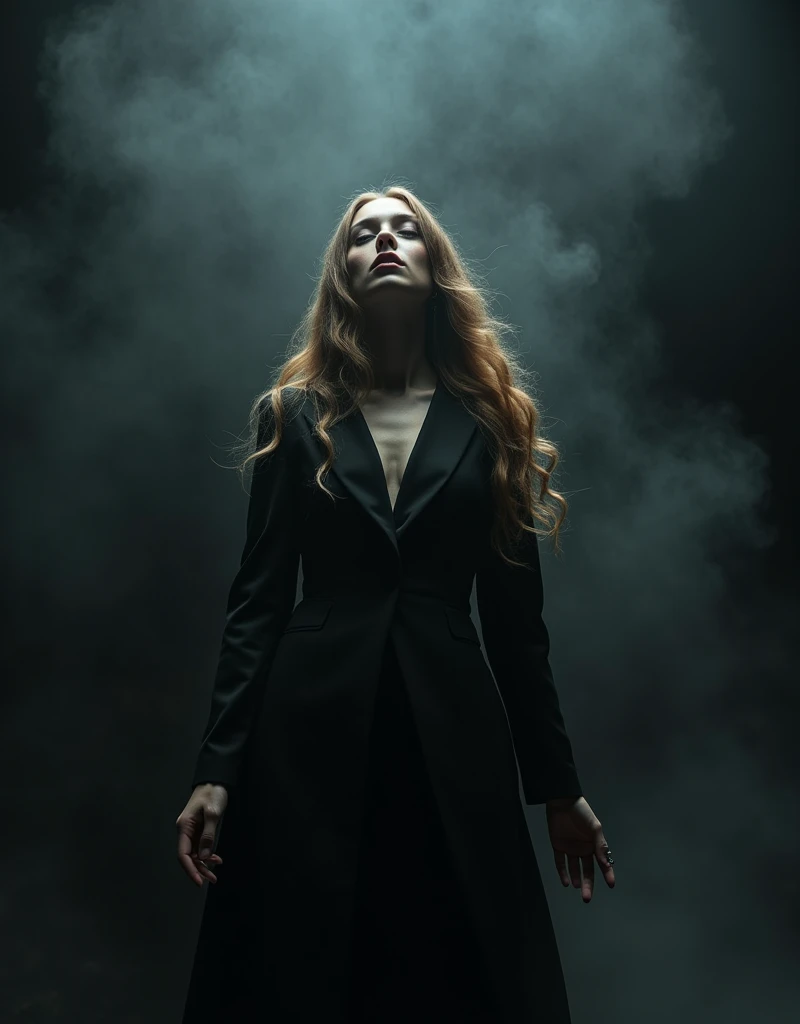 RAW Photo of Sports Evil Queen of Darkness, pale skin, long light brown hair, A Slavic woman sings on stage, ominous vibe, black mist, Long hair, Elegant Sophisticated Fashion Pose, dressed in stylish modern black clothes, Nikon D850, 4 Kodak Portra 400 ,camera f1.6 lens ,hyper realistic ,lifelike texture , Cinestill 800