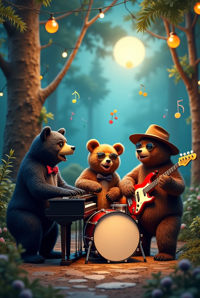 Three bears playing piano, jazz guitar and drums