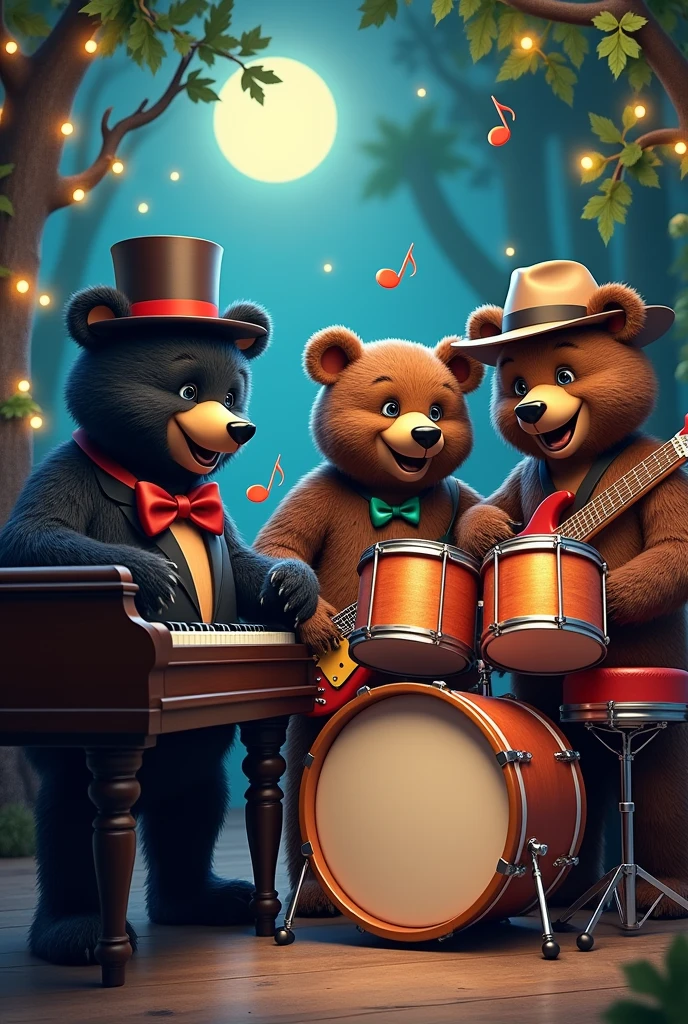 Three bears playing piano, jazz guitar and drums