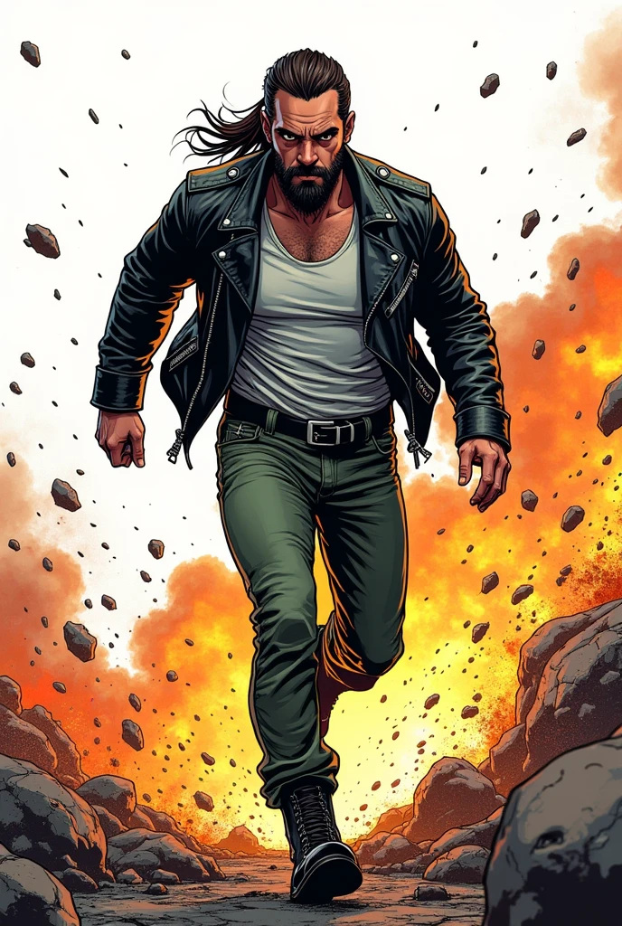 Create a comic book style drawing, bright coloured, high qualiy, a 35-year-old white man, 90 kilos, medium size, long dark brown hair tied in a ponytail, barba, black leather jacket, white undershirt, green jeans, Black boots, Apocalypse theme, drawing with perspective, Action scene, white background, fully body