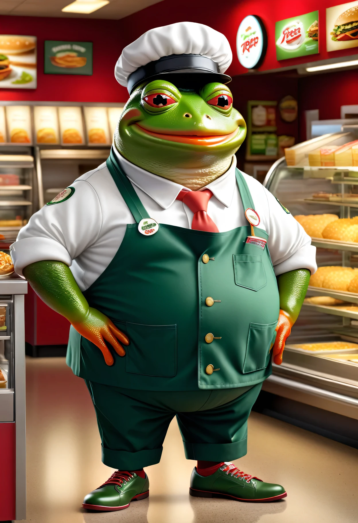 photorealistic portrait of Dressed animals-a ((fat)) (pepe frog) worker,(), (elegant pose:1.5), (hands on hips:1.5),(smile:1.5),high quality,(),(lovely) ,intricate details, Wearing fast food shop uniform , (apron and cap), highly detailed ((fast food shop uniform)) ,highly detailed pants sneaker and high sox , (happy), soft lighting,(full body image:2.0),in fast food shop background,,score_9, score_8_up, score_7_up, score_6_up, score_5_up, score_4_up,