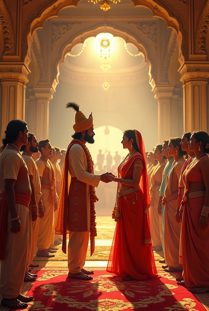 Narad Ji with monkey face Closing Scene of the Swayamvar**
*The closing scene of the Swayamvar, where the princess places the garland around the chosen suitor’s neck.*