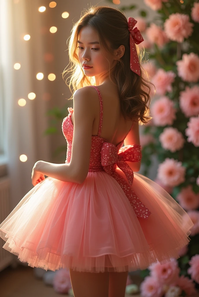 A sexy short dress with a very short and puffy skirt full of layers but still giving a glimpse of the red lace underwear, with tie-up straps in a bow and a big bow on the back. In pink and gold colors, with some red lace details.