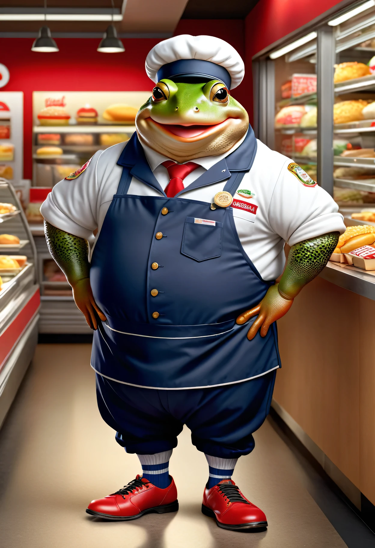  photorealistic portrait of Dressed animals-a ((fat)) (toad) worker,(), (elegant pose:1.5), (hands on hips:1.5),(smile:1.5),high quality,(),(lovely) ,intricate details, Wearing fast food shop uniform , (apron and cap), highly detailed ((fast food shop uniform)) ,highly detailed pants sneaker and high sox , (happy), soft lighting,(full body image:2.0),in fast food shop background,,score_9, score_8_up, score_7_up, score_6_up, score_5_up, score_4_up,