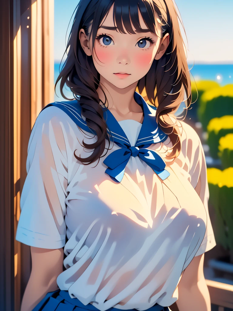 (Highest quality:1.4),(masterpiece:1.4),(Realistic:1.4),(Realistic:1.2),(超High resolution, RAW Photos:1.4),(High resolution, Very detailed:1.2),(8k:1.2),photograph,a photo of a dark-haired,One Girl,alone,tits,nipple,naked,((school uniform, Sailor suit, Navy blue and white traditional Japanese style, Fine ribbon and pleated skirt)),((Big Breasts)),((Upper Body:1.3))