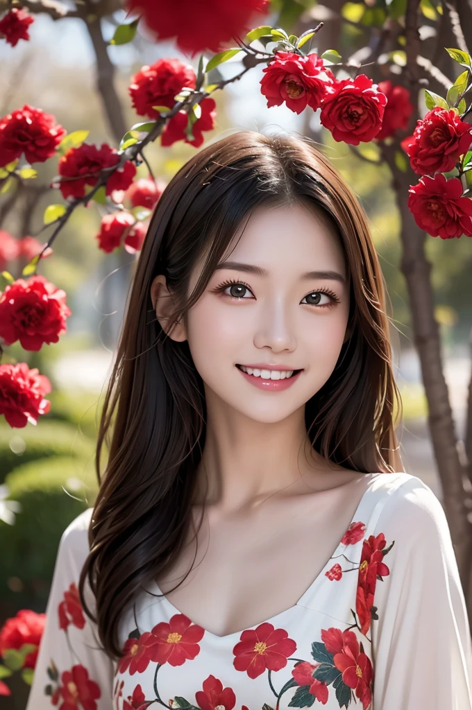 Image resolution 8K、Representative works:1.3)、Beauty、1 female、(魅力的なbody:1)、abdomen:1.1、Dark Brown Hair:1.1、(body:1)、Super detailed facial features、Attractive lips、double eyelid、Wearing a fashionable and stylish V-neck garment、Super realistic and super cute details、Japanese women、10th generation(18-year-old)、Adorable smile with a smile、Hair blowing in the wind、Wave Hairstyles、Portrait in the studio、There is snow on the red flowers in the park and on the branches of the camellia trees.、Nice pose、