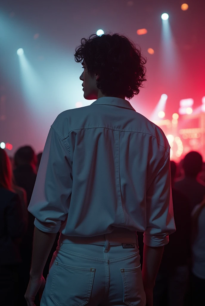 Create a realistic masculine photo of actor Evan Peters, backwards, obscure lenses, with black hair, White clothes, being a spectator at a concert