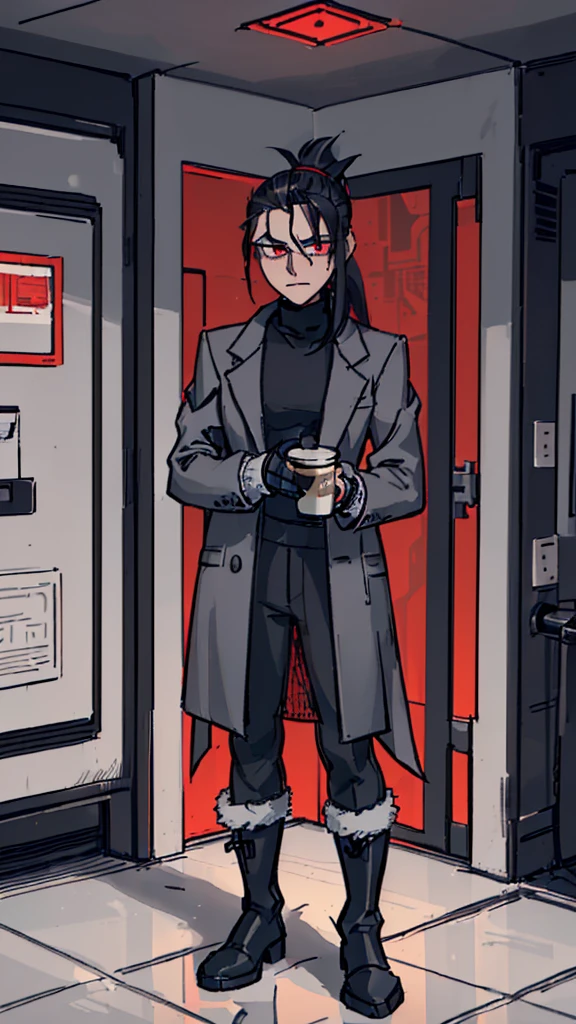 (detailed), (((normal guy))), (Arabic characteristics), ((gray wool jacket)), ((black fur rizado Ponytail hairstyle)), ((Ponytail hairstyle)), (calm face), ((by the width)), ((coffee boots)), (((whole body))), ((in a cyberpunk room)), ((male)), (gray turtleneck sweater), ((only one person)), (at night), terror, ((eyes glowing red)), In the dark, ((black fur)), ((Redskin)), demon tail