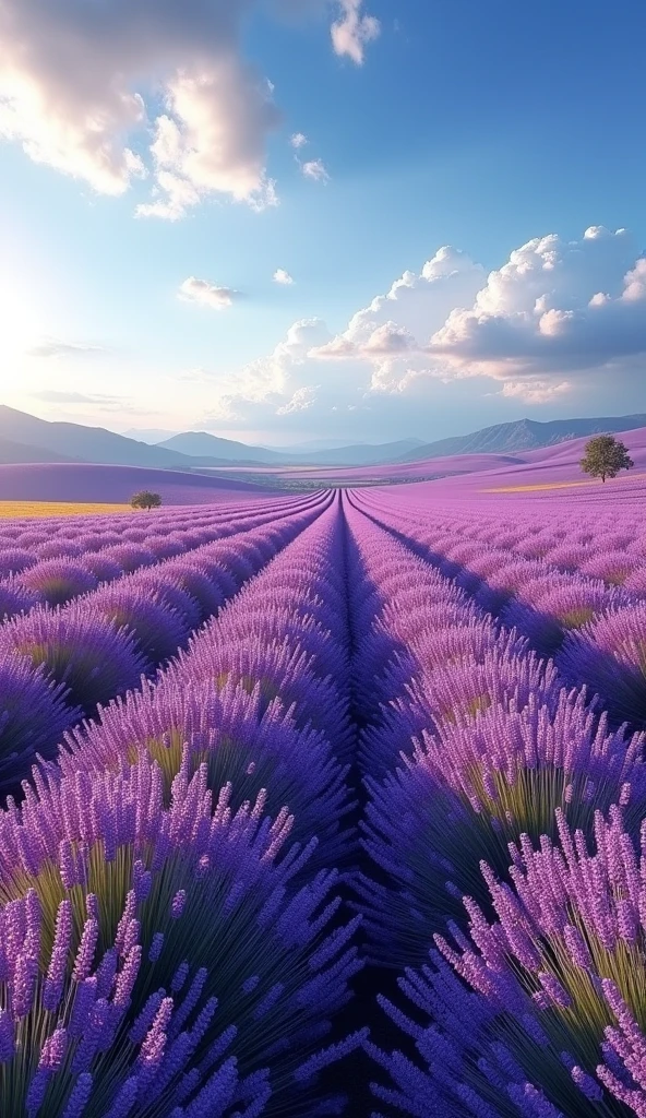 A breathtaking wide-angle view of a vast lavender field in full bloom. The field stretches out to the horizon, covered with vibrant purple lavender flowers. The scene is bathed in soft, natural light, highlighting the rich colors and patterns of the blooming lavender. The expansive landscape is dotted with distant rolling hills and a clear blue sky above, creating a serene and picturesque tableau.