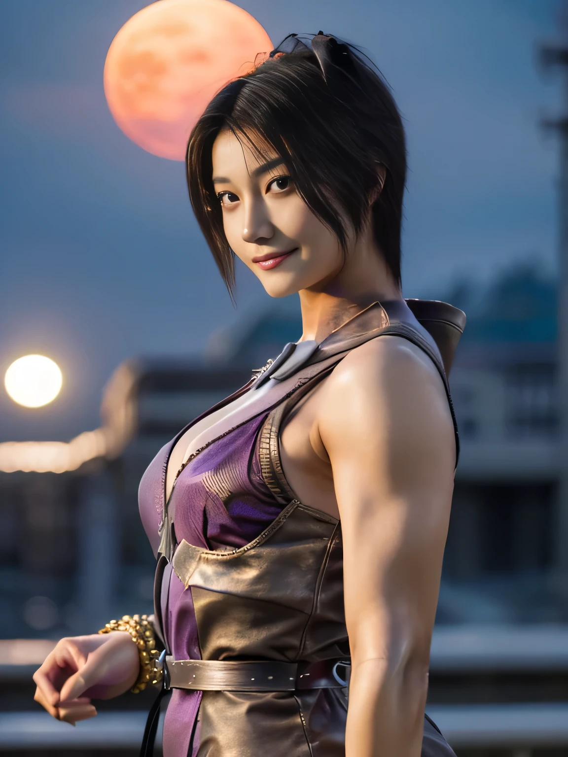 20 year old Japanese beauty,One woman、Muscular body like a bodybuilder、Emphasize the breasts、Slit eyes、A head-to-toe view,Bust is very very large、Full moon night in the background、High quality photos、Clear, crisp images of the lower body、Masterpiece 8k、Smiling、Throwing a shuriken with the right hand、From the front, from the side, from the back, etc.々from what camera angle to shoot、A ninja costume of purplish-red color