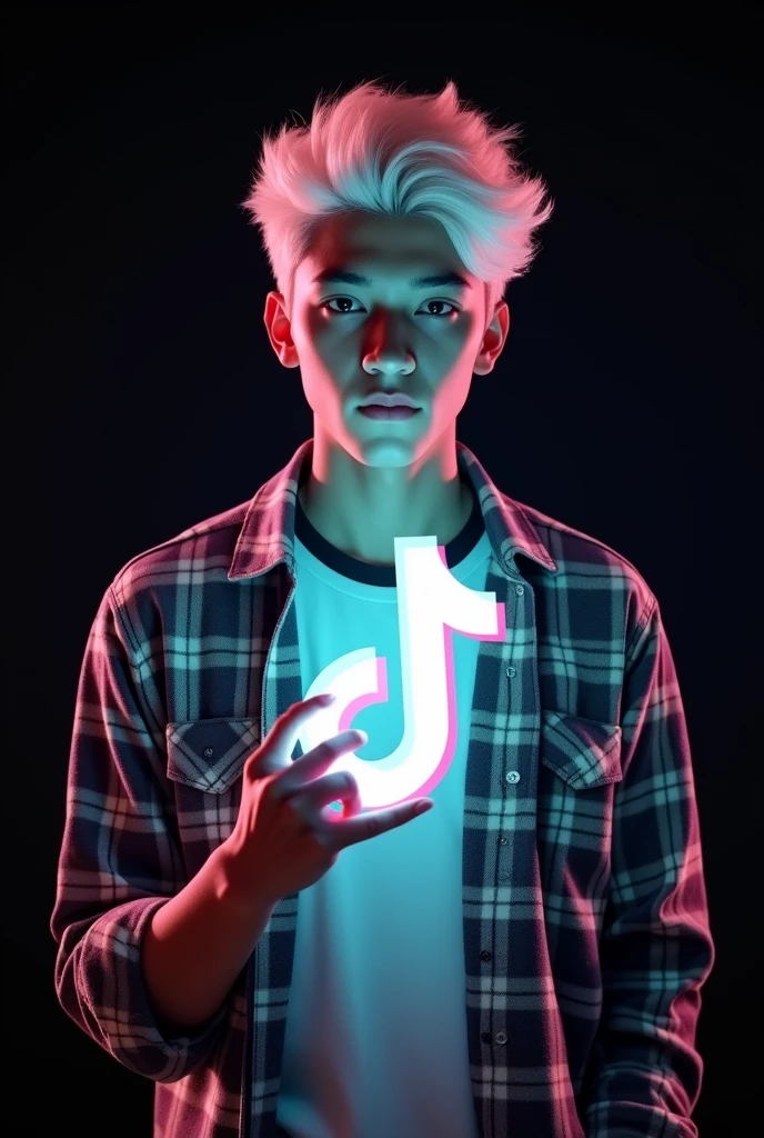logo 3D, a handsome -yeld yo,With white hair, wearing a checkered shirt and t-shirt, holding a glowing TikTok logo, Displaying “DOVA CEMOXZ” Indonesian text with perfect spelling, hyperrealistic, black background