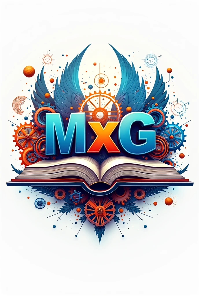 Give me logo these words MxG Theory And Doing with gear and sportked on the book wheel physics theory have around the logo