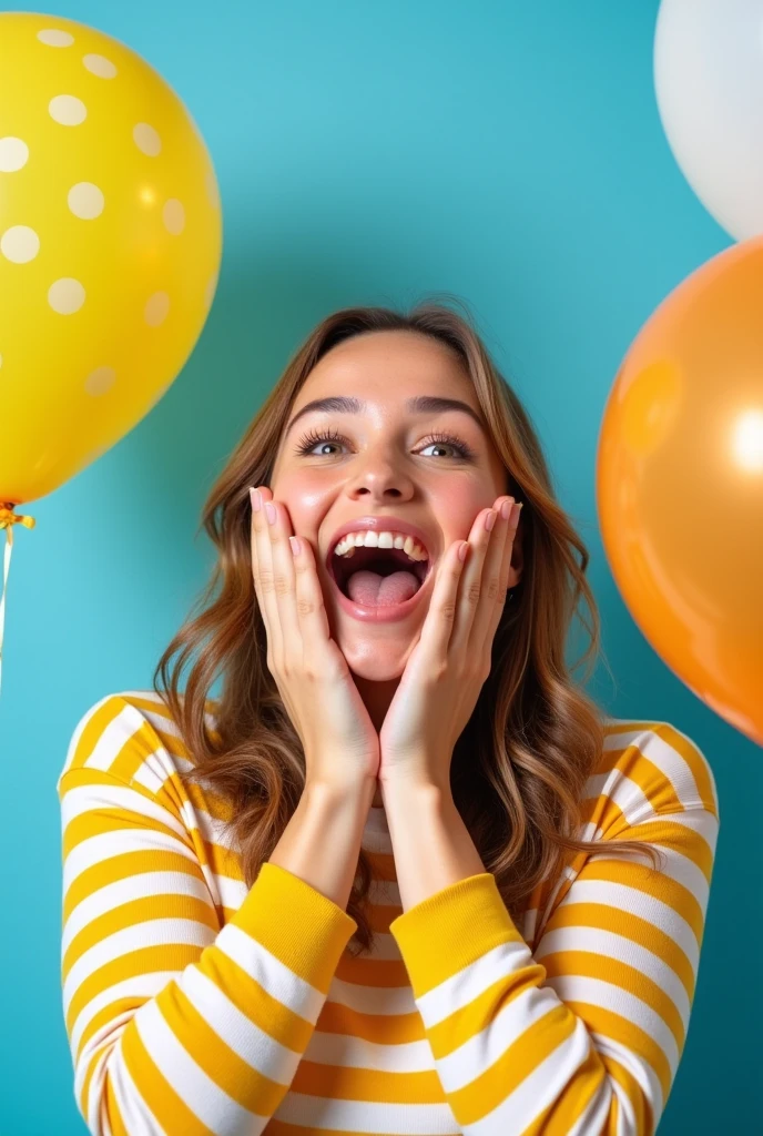 a young woman with an expressive, joyful look. She is in mid-reaction, with her eyes wide open and her mouth forming a surprised, delighted smile. Her hands are raised to her face, with fingers splayed in a pose that emphasizes her excitement.
The background is a bright, solid light blue, which adds to the cheerful and lively atmosphere. There are colorful balloons floating around her, including yellow balloons with blue polka dots and others with swirled patterns in shades of yellow, white, and orange. These balloons contribute to a festive and celebratory vibe.
The woman is wearing a yellow and white striped long-sleeved shirt, which matches the overall vibrant and happy theme of the image. Her hair is loose and falls around her shoulders, with a natural, soft wave.
The image is highly photogenic and captures a moment of pure, unfiltered joy, making it perfect for themes related to celebration, happiness, or surprise