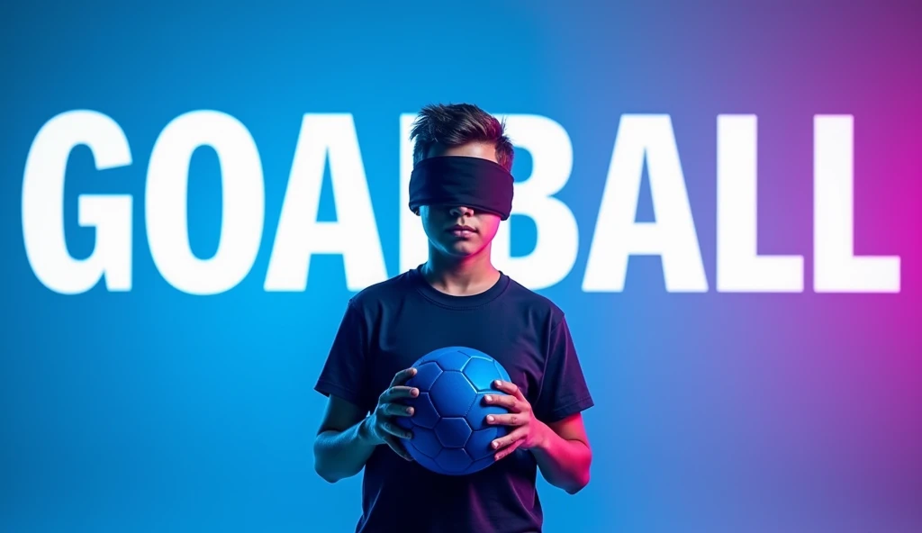 Image for video cover with blue and purple background with the word GOALBALL written in white and a character with his eyes covered by a blindfold holding a blue ball