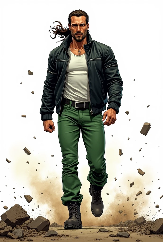 Create a comic book style drawing, bright coloured, high qualiy, a 35-year-old white man, 90 kilos, medium size, long dark brown hair tied in a ponytail, barba, black leather jacket, white undershirt, green jeans, Black boots, Apocalypse theme, drawing with perspective, Action scene, white background, fully body