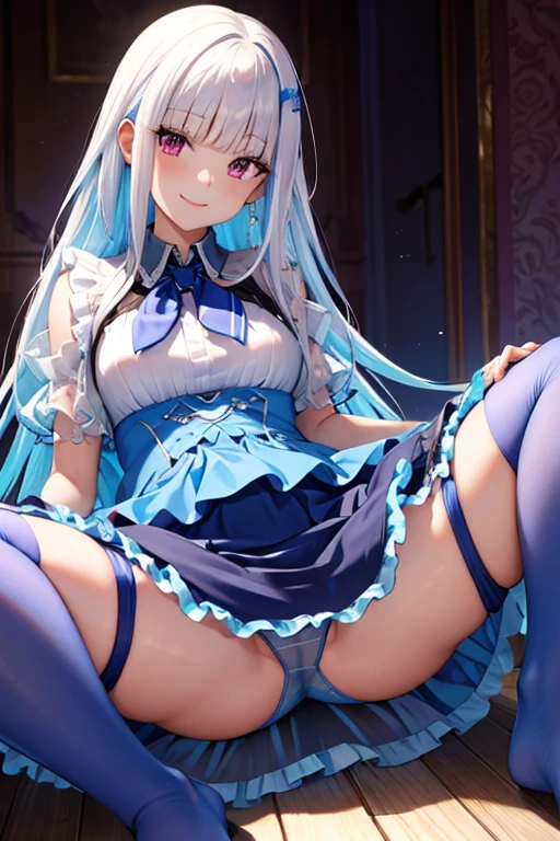 Highest quality, A seductive smile, See-through dress,Sheer long skirt，Spread your legs，Frills,Lace panties,Blue tights