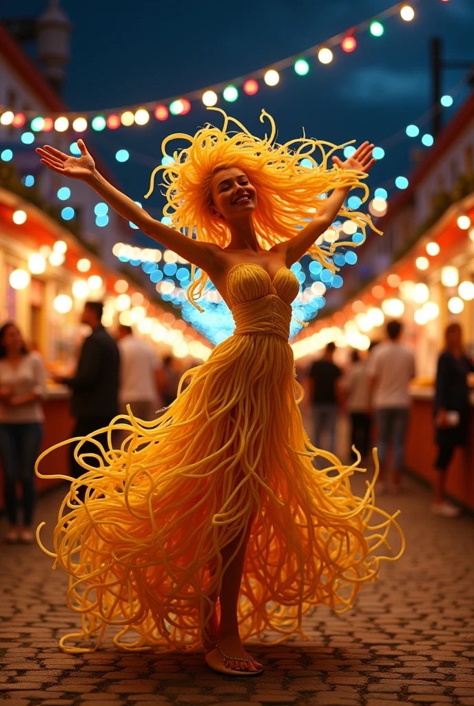 A human like figure made of noodles dancing