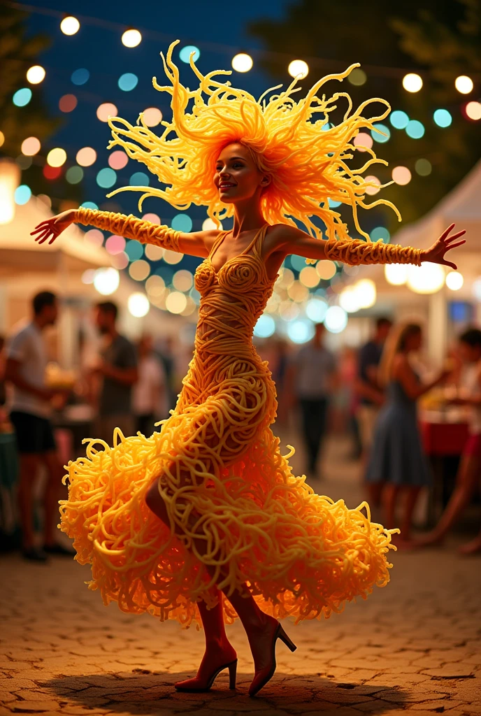 A human like figure made of noodles dancing