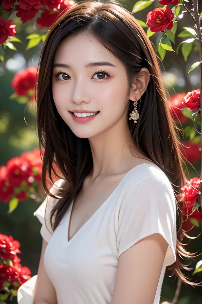 Image resolution 8K、Representative works:1.3)、Beauty、1 female、(魅力的なbody:1)、abdomen:1.1、Dark Brown Hair:1.1、(body:uper detailed facial features、Attractive lips、double eyelid、Wearing a fashionable and stylish V-neck garment、Super realistic and super cute details、Japanese women、10th generation(18-year-old)、Adorable smile with a smile、Hair blowing in the wind、Wave Hairstyles、Portrait in the studio、There is snow on the red flowers in the park and on the branches of the camellia trees.、Nice pose、