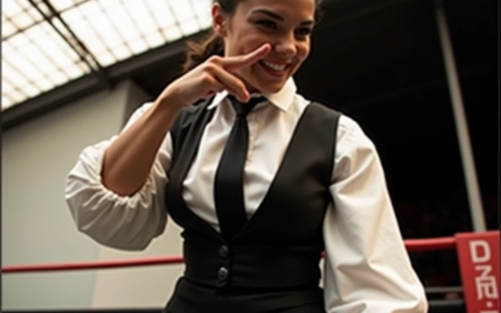 Female wearing suit and tie intense fighting in boxing ring, black suit, (three-piece suit), skirt suit, necktie, bodycon miniskirt, pantyhose, waistcoat, dynamic lighting, in the dark, deep shadow, low key, cowboy shot full-lenght body,fight stance, taunting, winning pose, preppy style, powerfull fight stance, focus, she win the fight pose, professional fighter fight stance, domination fight, avoiding punch from enemy while taunting, preppy fight style, laughing to the enemy, pointing to the camera, hands up professional fighter, hand touching her necktie to tease opponent, looking at viewer from below