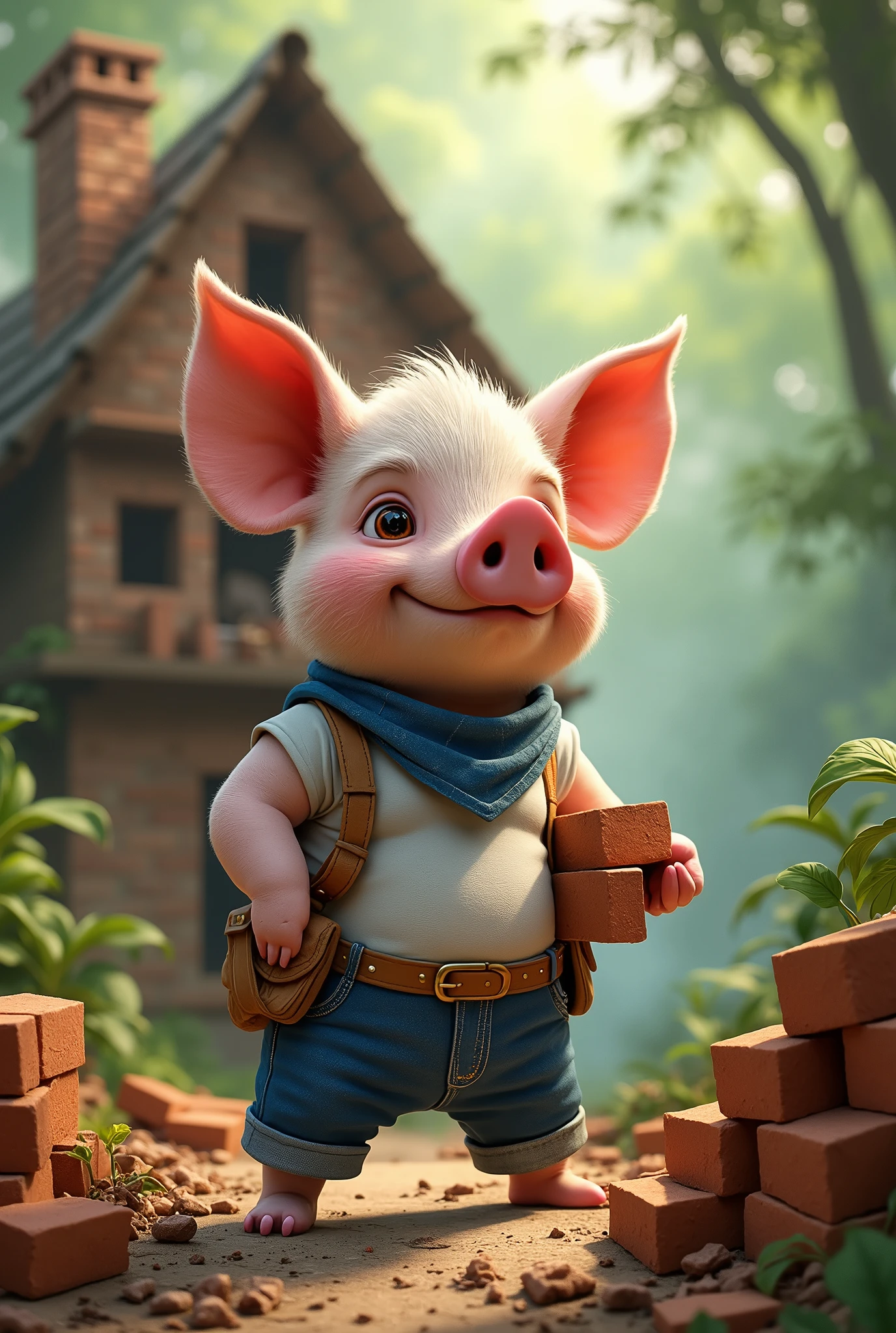 side view, full-body illustration, (1male piglet:1.2), (determined expression:1.3), wearing a white t-shirt, blue jeans, and a blue bandana, (strong and hardworking:1.3), muscular build, (holding a stack of bricks in hand), (building a multi-storey proper house with chimney), surrounded by construction materials and tools, (realistic fur texture), (jungle background:1.4), standing in front of a half-constructed brick house with sturdy walls, sunlight filtering through the trees, (soft lighting:1.3), (green and earthy color scheme:1.3), (highly detailed), (ultra quality:1.3), (masterpiece), (digital art), 8K resolution, HDR, depth of field, (soft shadows), (photorealistic:1.3), (animation:1.2), (by Greg Rutkowski:0.9), (in the style of Alphonse Mucha), trending on ArtStation, award-winning art