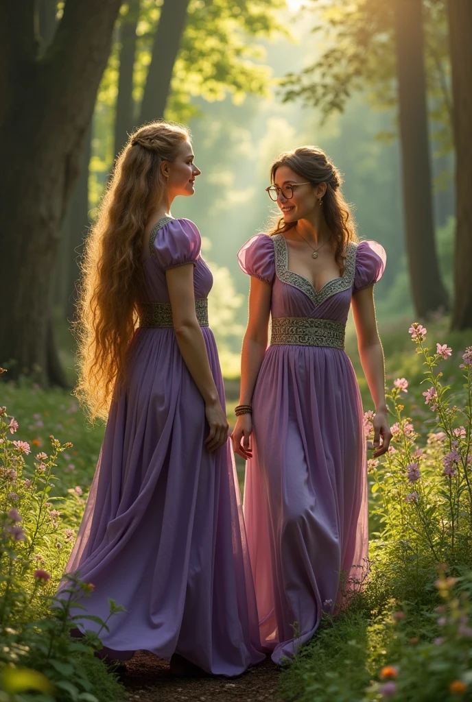 (highly detailed) (two people) Freyja the Nordic Goddess of beauty ,love, war and death looking nicely at a tall short-haired brunette white woman in her thirties that wears big round glasses and a purple medieval dress while walking in the forest