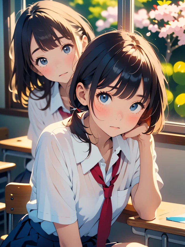 (masterpiece, highest quality:1.2), 1 girl, alone、(table top, highest quality:1.2), 8k, 18-year-old, 85mm, official art, Raw photo, absurdes, white dress shirt, cute face, close, Upper body, viola lace, gardenia, beautiful girl, (dark red tie:1.1)、(navy pleated skirt:1.1), Cinch West, thighs, short sleeve, classroom, ponytail、short hair、short hair、sit on a bench seat, looking at the viewer, no makeup, (smile:0.4), film grain, chromatic aberration, sharp focus, face light, clear lighting, , detailed face, ((background bokeh,Japanese school classroom、classroom、cherry tree seen from the window))