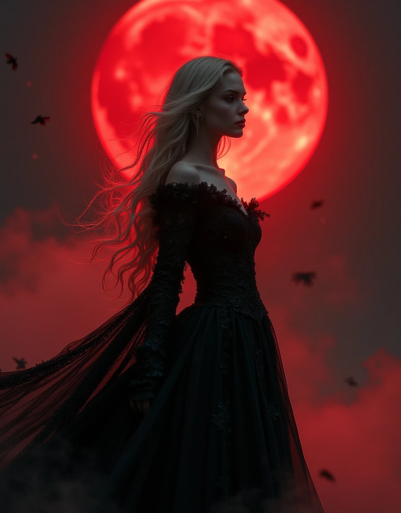 Luxury magazine phtotography, A beautiful ((evil slavic woman)), pale skin, long dark blond hair, Full_body_Beautiful_seductive_enchantress, highly detailed dress, blood moon, red glow, mist, eerie Gothic aesthetic, double exposure photography, backlit, hyperdetailed double exposure , Junji Ito, victo ngai, M.W. Kaluta, richard anderson, a masterpiece, 8k resolution, highly detailed and intricate, vogue style, great lighting, Helios 44-2, Swirling bokeh, sharp focus, intricate details, highly detailed, sharp, Character portrait, perfect lighting, masterpiece, Detailed backstory, cinematic lighting, 8K