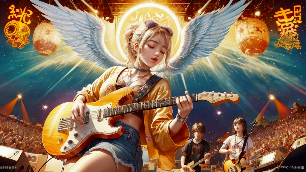 Draw a music festival poster,Playing electric guitar,Musical note elements