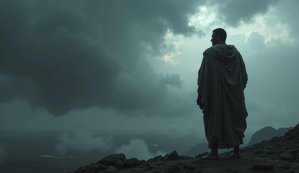 The representation of Pilate's last day, with him in a desolate landscape, reflecting on his actions. Cold cores and a cloudy sky, conveying loneliness and regret.
