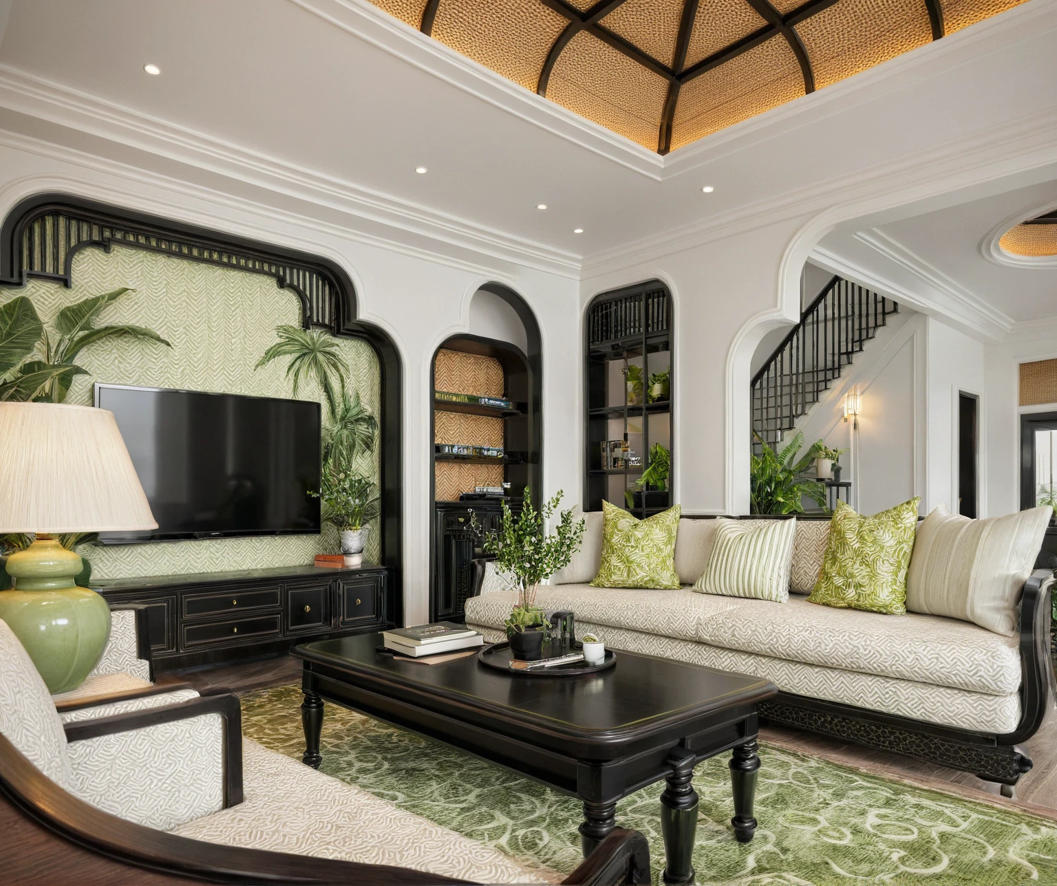 indochine livingroom, rattan ceiling, wall painting, tv cabinet, decorative shelf, black wooden frame door,stair, railing, fabric sofa, green accent, pillow,  patterned carpet, wall lamp,  stylized curved wall, full of natural light, luxurious and sophisticated, vibrant living space