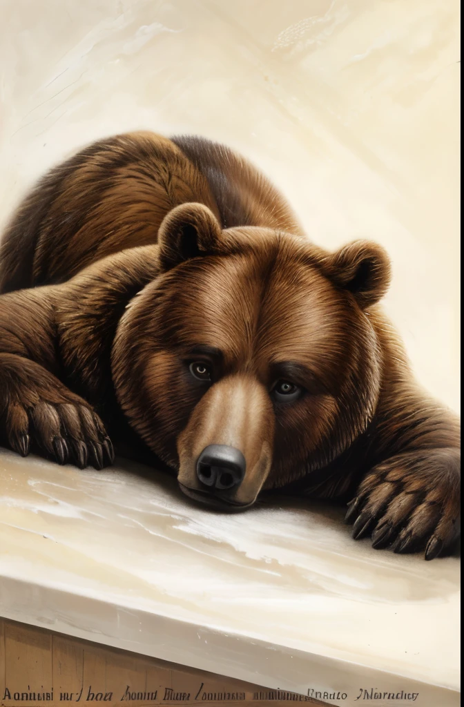 painting of a bear laying down on a white surface, by Andrea Mantegna, by John Steell, by Robert Bateman, by Michael Andrews, extremely detailed!!!, by Paul Bodmer, by Peter de Sève, inquisitive. detailed expression, by Jan Sawka, by Jerry Pinkney, by Giorgio Giulio Clovio, by Roelant Savery