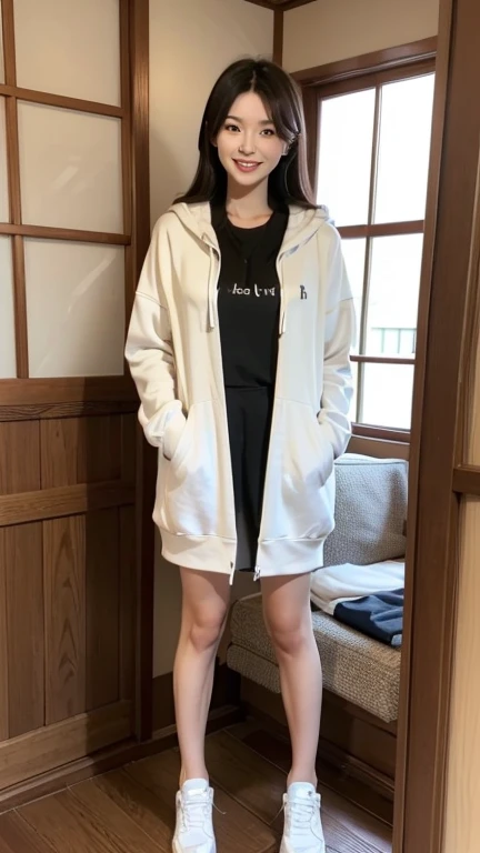 A Japanese milf, photo of one girl, Slender figure, Realistic teeth, wearing oversized hoodie, smile, full-body, masterpiece, best quality, detailed, beauty, Pub, indoor,