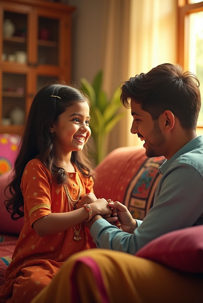 Brother and Sister are celebrating Rakshabandhan . Brother is giving Playstation 5 as the rakhi gift . The sister is very happy . Show the rakhi at brother wrist 
