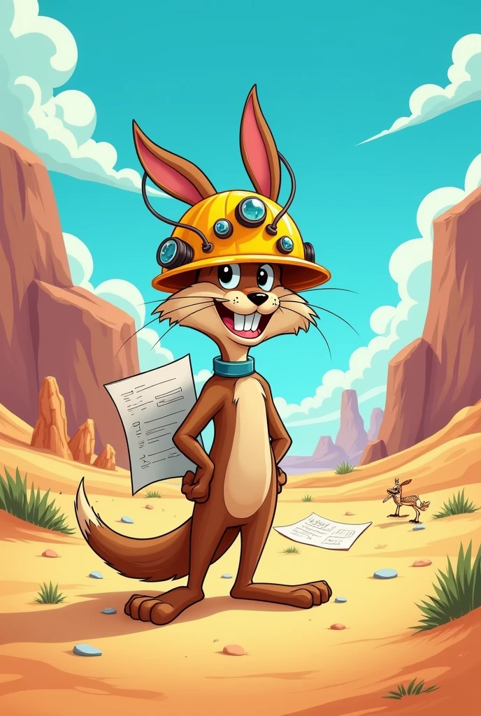 Wile Etherlbert Coyote running and holding a large piece of wood, around the world