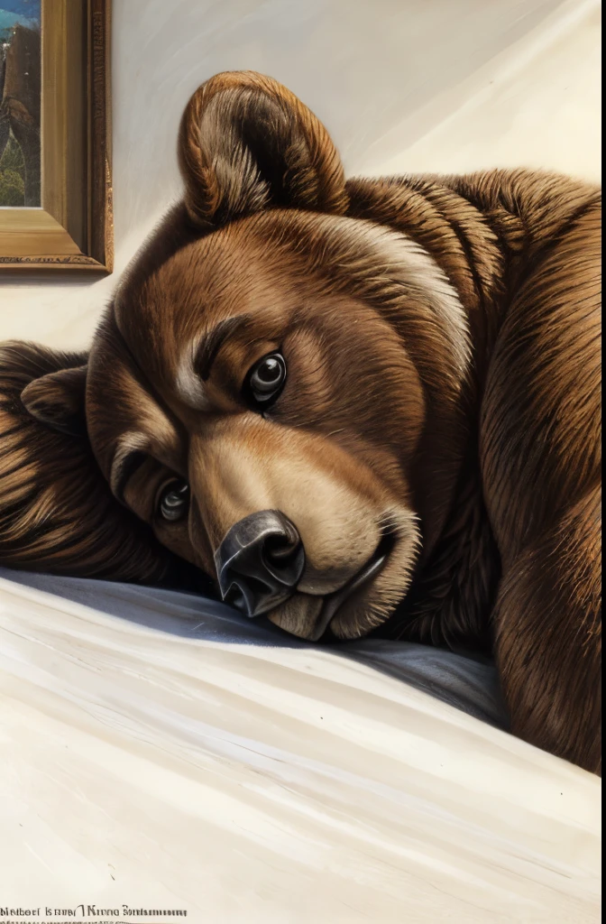 painting of a bear laying down on a white surface, an ultrafine detailed painting by Andrea Mantegna, flickr, photorealism, extremely detailed!!!, inquisitive. detailed expression, amazing detail. colored, hyperrealist highly intricate, very detailed painting, smilodon, extremely detailed fur, half grizzly bear, hyperdetailed painting, .highly realistic