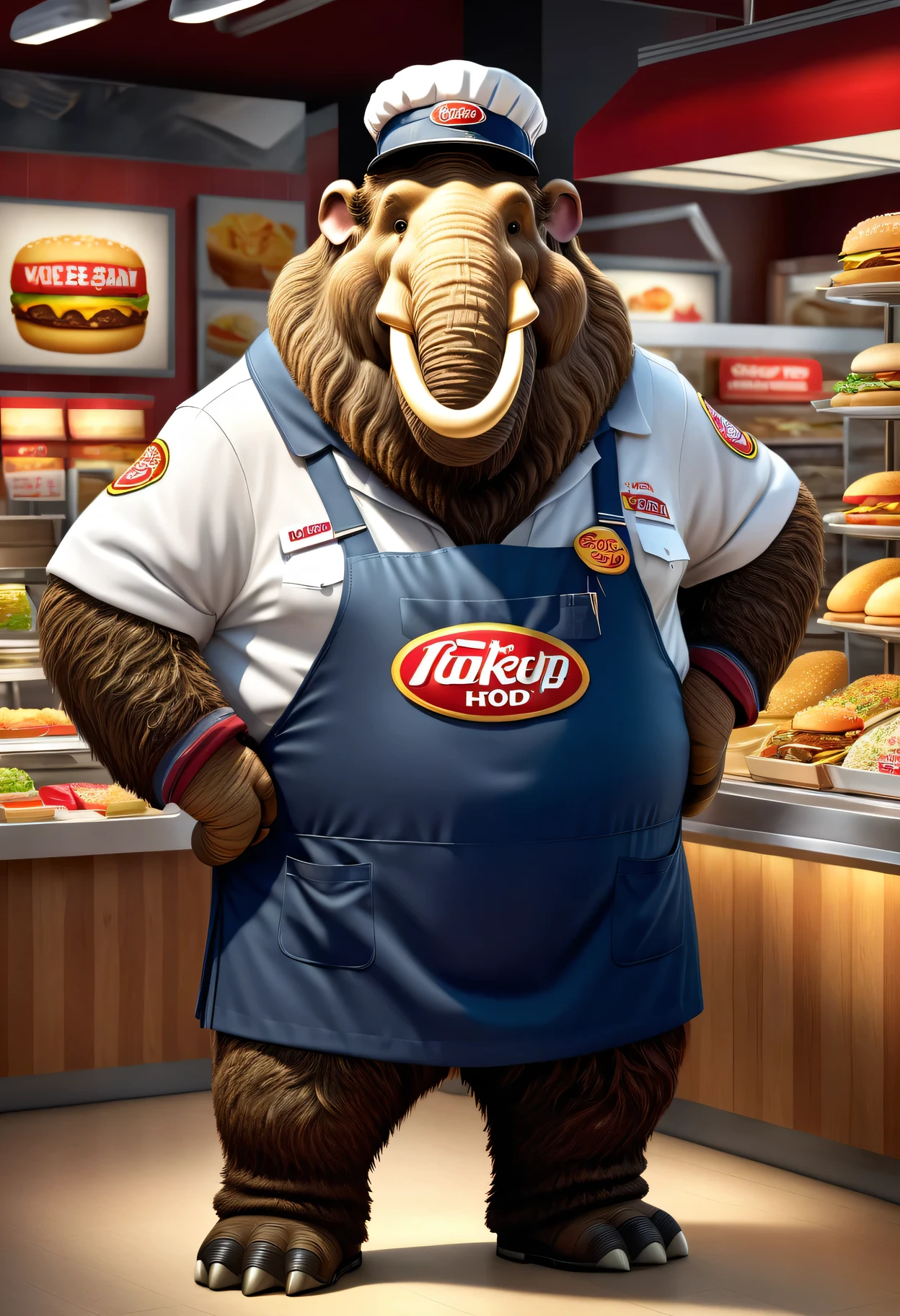 photorealistic portrait of Dressed animals-a ((fat)) (mammoth) worker,(furry), (elegant pose:1.5), (hands on hips:1.5),(smile:1.5),high quality,(),(lovely) ,intricate details, Wearing fast food shop uniform , (apron and cap), highly detailed ((fast food shop uniform)) ,highly detailed pants sneaker and high sox , (happy), soft lighting,(full body image:2.0),in fast food shop background,,score_9, score_8_up, score_7_up, score_6_up, score_5_up, score_4_up,