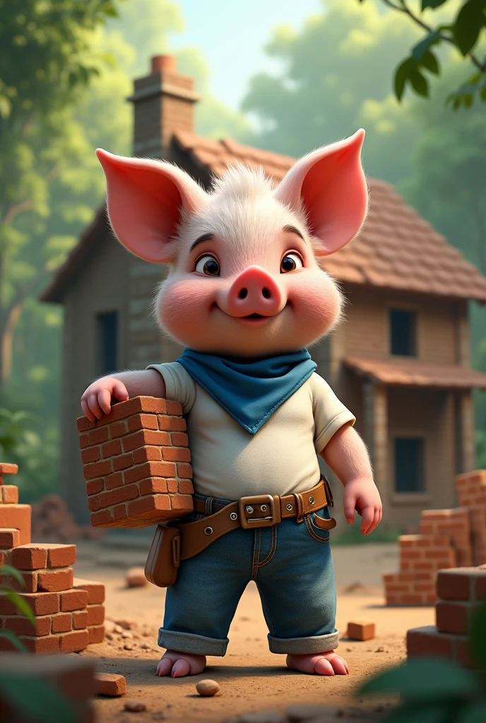 full-body illustration, (1male piglet:1.2), (determined expression:1.3), wearing a white t-shirt, blue jeans, and a blue bandana, (strong and hardworking:1.3), muscular build, (holding a stack of bricks in hand), (building a multi-storey proper house with chimney), surrounded by construction materials and tools, (realistic fur texture), (jungle background:1.4), standing in front of a half-constructed brick house with sturdy walls, sunlight filtering through the trees, (soft lighting:1.3), (green and earthy color scheme:1.3), (highly detailed), (ultra quality:1.3), (masterpiece), (digital art), 8K resolution, HDR, depth of field, (soft shadows), (photorealistic:1.3), (animation:1.2), (by Greg Rutkowski:0.9), (in the style of Alphonse Mucha), trending on ArtStation, award-winning art