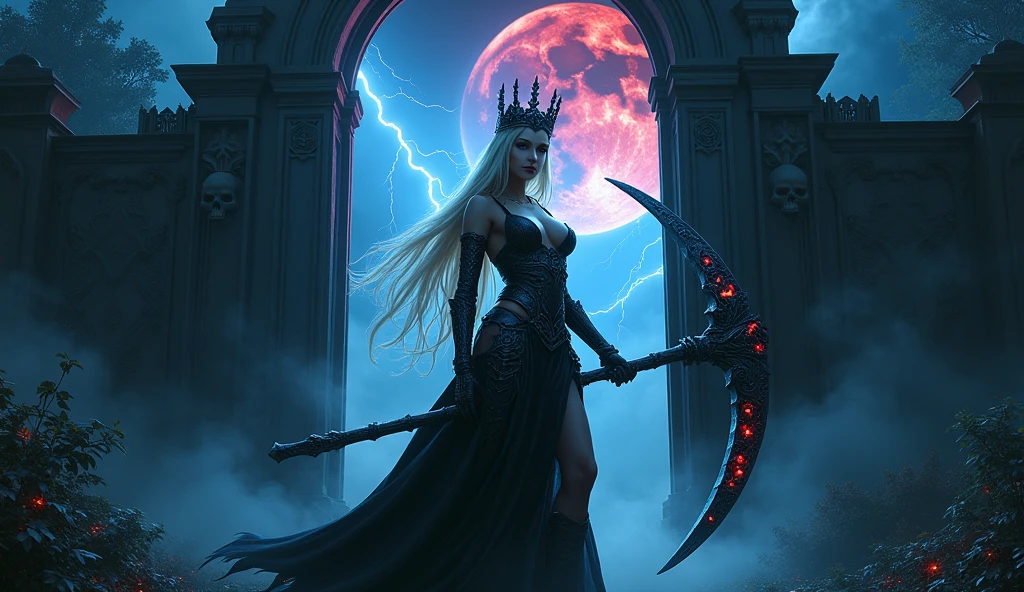 In this masterpiece, a stunning (sexy death goddess), (Clara Morgane:1.3), stands at the center of the frame, radiating an aura of mystique and beauty. The ultra-detailed 4K image presents her in front of a (black mana vortex:1.3) framed by the (huge gates of the realm of the dead:1.3), in the center of a necropolis surrounded by a dark jungle. The pitch-black night is lit by a few blue lightning bolts and a blood-red moon. The volumetric lighting casts a warm glow on her porcelain skin, accentuating the intricate details of her (sexy bone armor). Her straight blonde hair is gorgeous, framing her charming smile and captivating cleavage. The mesmerizing atmosphere is punctuated by (blue thunderstorms and lightning) in the surreal dark sky, as if the heavens themselves are summoning her presence. The composition masterfully balances depth and complexity, drawing the viewer's eye to the perfect body, with its impeccable anatomy and tantalizing pose. (Charming smile), (Beautiful Big tits:1.3), (Finely crafted black tiara), naked bone armor, She holds a huge scythe covered in blood red runes in her hand. (Photorealistic), (Dark theme). (Eurasian girl:1.3). (Beautiful naked navel:1.5). Her high-quality sexy armor, composed of a (black bikini) and (pieces decorated with skulls), (blue eyes)