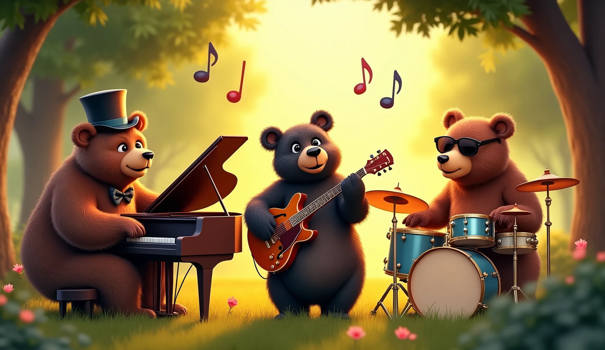 Three bears playing piano, jazz guitar and drums
