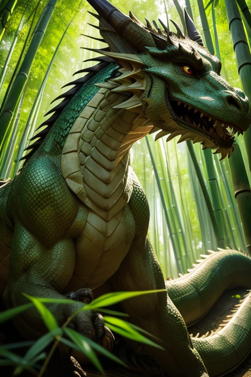 best quality, high quality, ultra quality, 8k, masterpiece, detailed, extremely detailed, insanely detailed, ultra detailed, ultra highres ,exquisite, lifelike Images,cinematic experience,UHD picture,Realistic,photorealistic,hyperrealistic,vivid,RAW photo,shot by DSLR, Giant Bamboo forest, Bamboo trees, Chinese dragon prowling in the bamboo forest, bamboo trees, dragon in the bamboo forest, actually looking dragon,